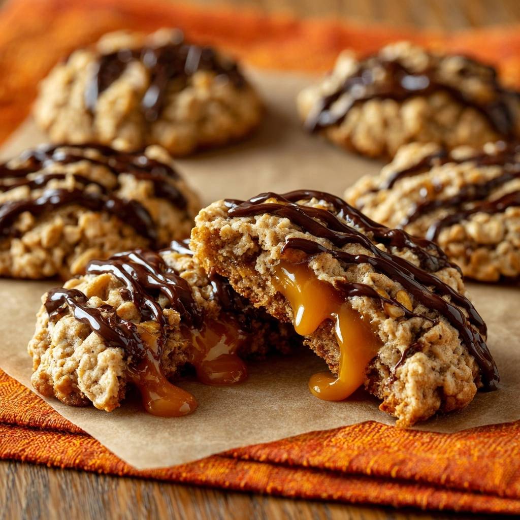 Karamell-gefüllte Haferflocken-Cookies angeschnitten, die den flüssigen Karamellkern zeigen, beträufelt mit Schokolade.