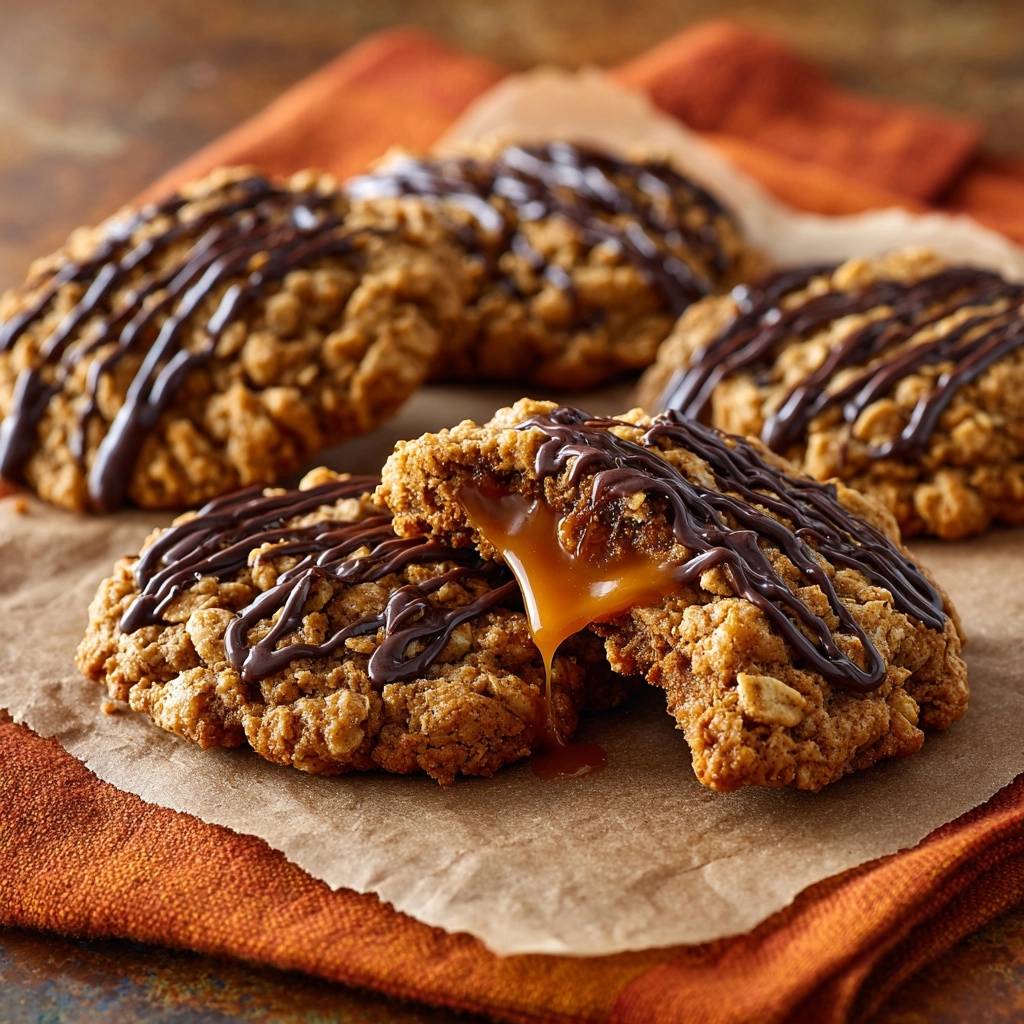 Karamell-gefüllte Haferflocken-Cookies angeschnitten mit flüssigem Karamell, das herausläuft.