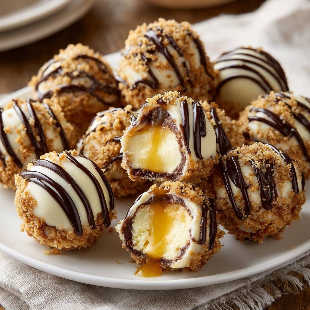 Karamell Mozzarella Baellchen Angeschnitten Mit Fliessendem 1 Knusprige Karamell-Mozzarella-Bällchen angeschnitten, die einen fließenden Karamellkern offenbaren.