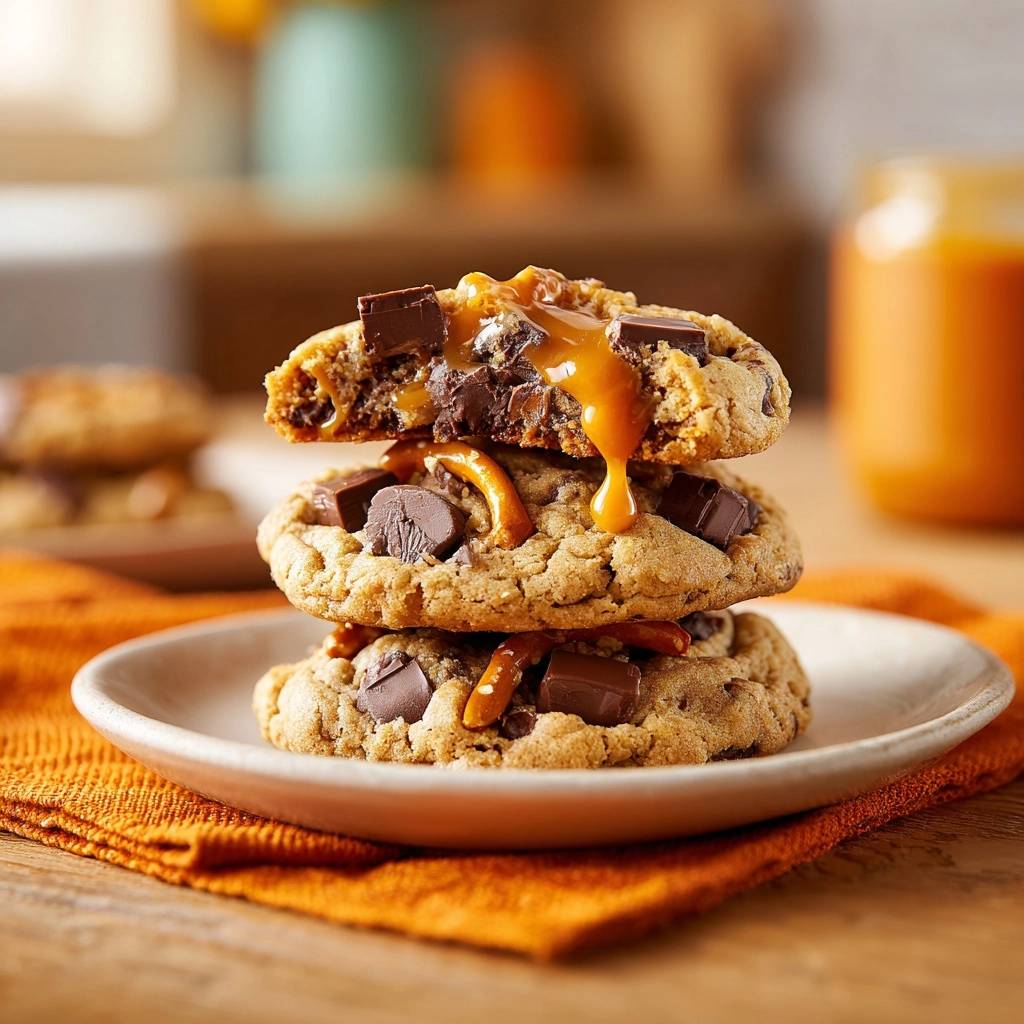 Karamell-Pretzel-Schoko-Cookies, gestapelt auf einem Teller und mit geschmolzener Karamellglasur beträufelt.