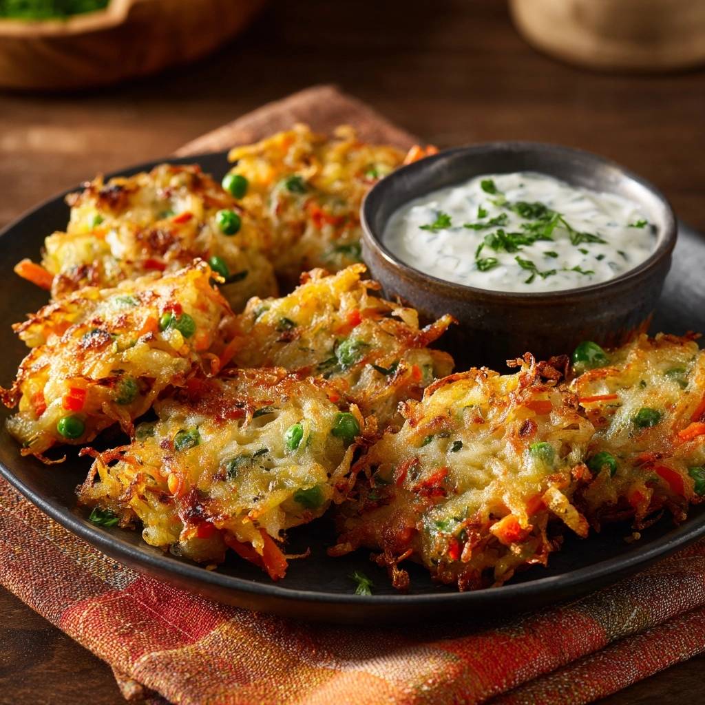 Knusprige Karotten-Erbsen-Rösti mit einem Dip auf einem Teller, Nahaufnahme der goldbraunen Rösti und des cremigen Dips.