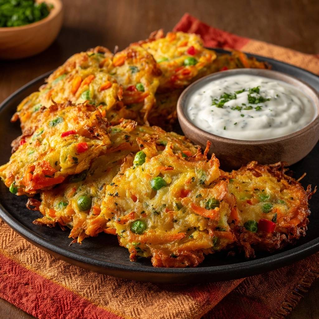 Karotten Erbsen Roesti Nahaufnahme Mit Dip 1 Knusprige Karotten-Erbsen-Rösti nahaufnahme mit einem Klecks Kräuterquark-Dip auf einem Teller