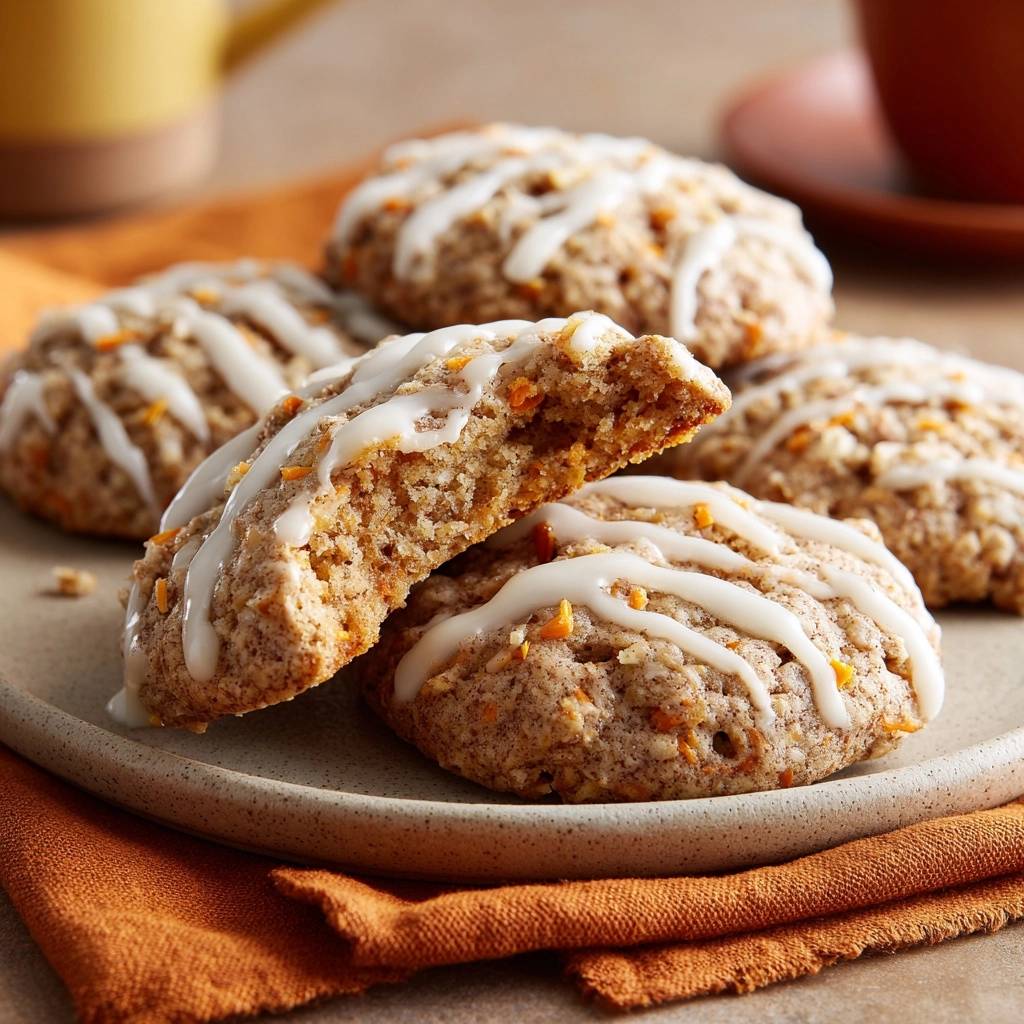Saftige Karotten-Scones mit Glasur, eine Hälfte angeschnitten, die Textur und die orangenen Karottenstückchen sind gut sichtbar.