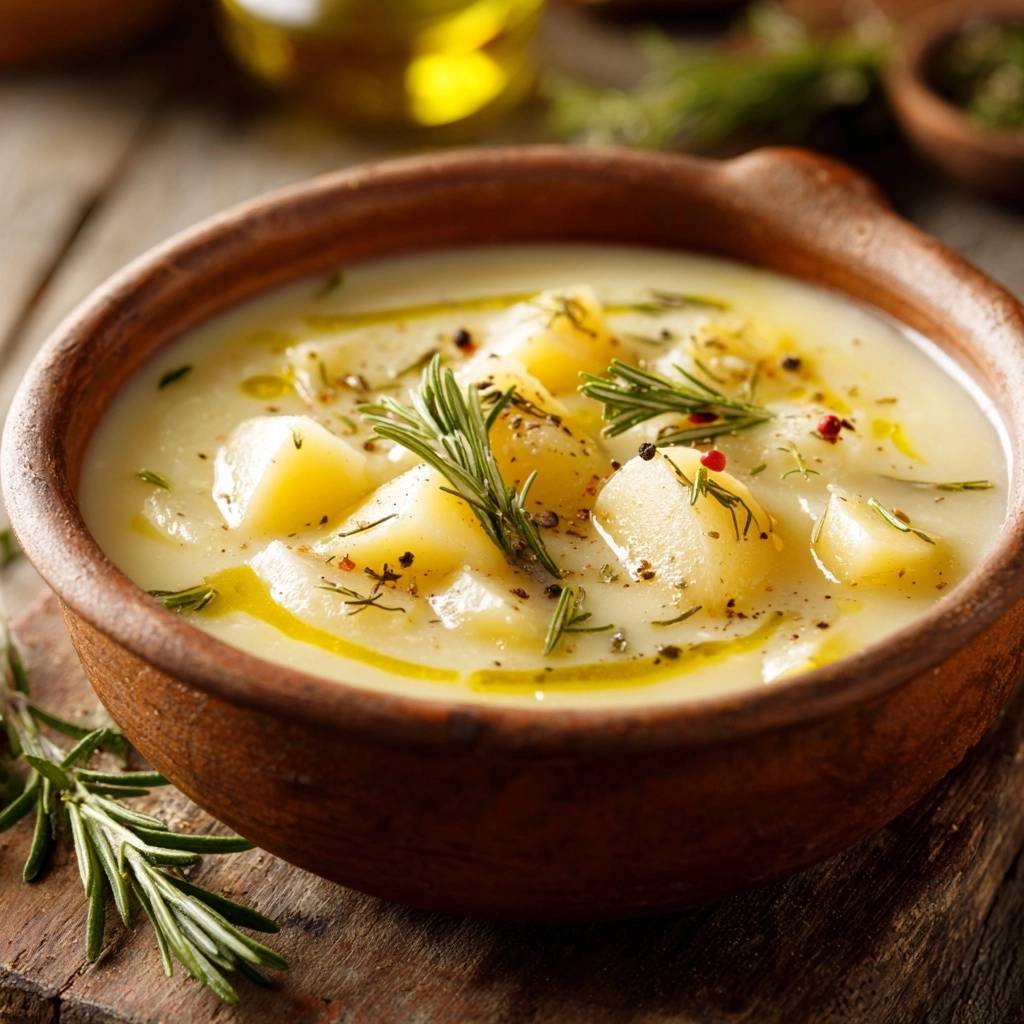 Kartoffel Rosmarinsuppe Detail Garnitur 1 Cremige Kartoffel-Rosmarinsuppe mit frischem Rosmarin und Olivenöl als detailreiche Garnitur, nah aufgenommen.