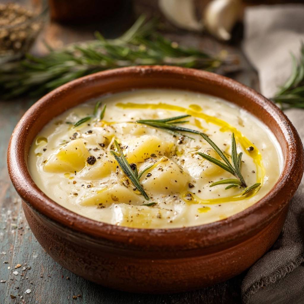 Cremige Kartoffel-Rosmarinsuppe mit frischem Rosmarin, Olivenöl und schwarzem Pfeffer als Detailaufnahme garniert
