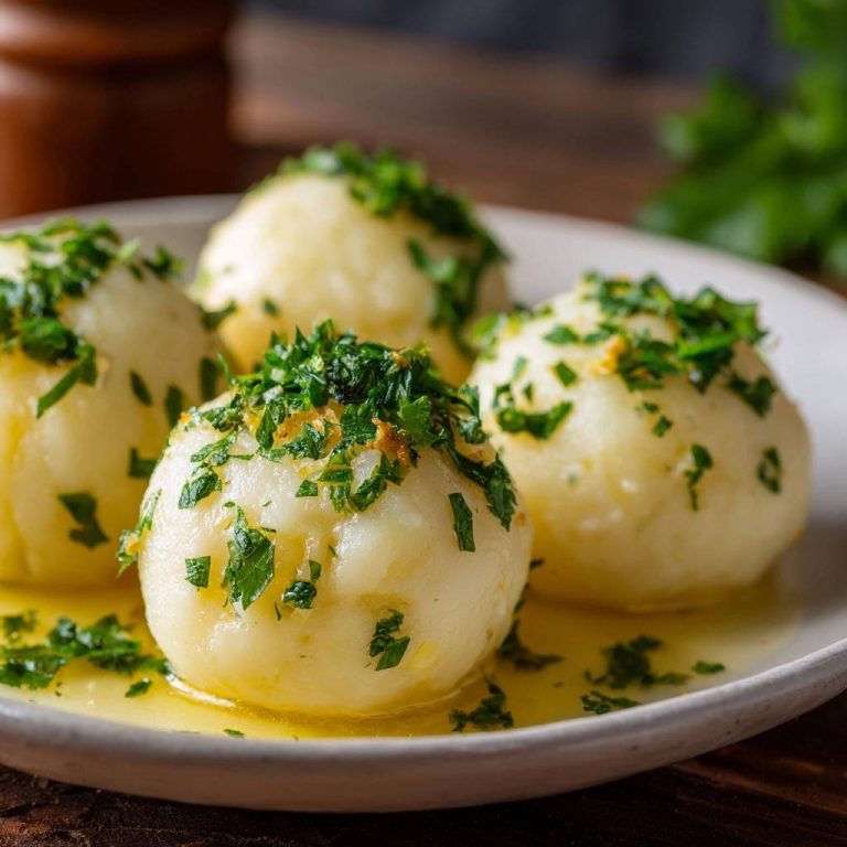 Kartoffelknödel mit Petersilienbutter, garniert mit frischer Petersilie und Zitrusschale, serviert auf einem Teller