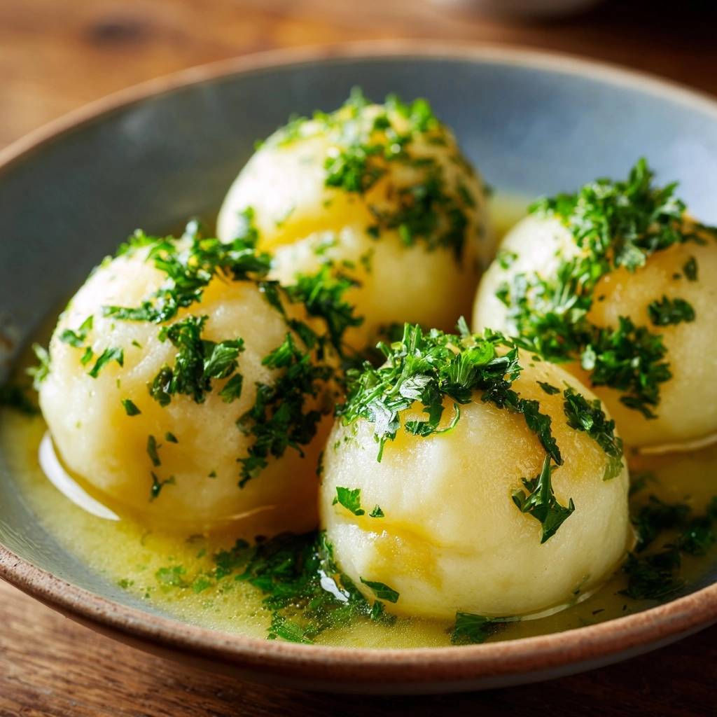 Kartoffelkndel Mit Petersilienbutter Nahaufnahme Garniert 1 Kartoffelknödel mit Petersilienbutter, eine Nahaufnahme von vier dampfenden Knödeln, großzügig mit frischer Petersilie garniert.