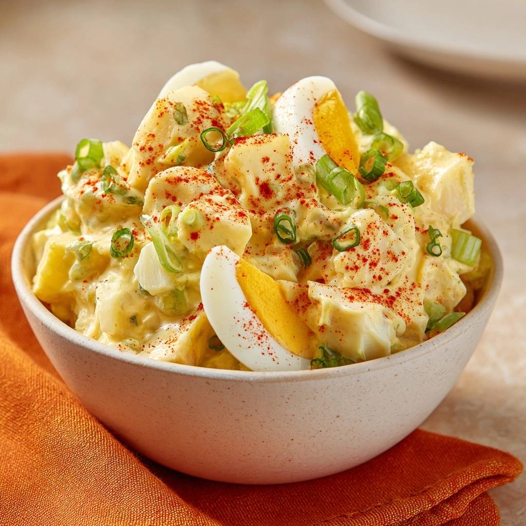 Perfekter Kartoffelsalat mit Ei, garniert mit Paprikapulver und Frühlingszwiebeln in einer Schüssel.