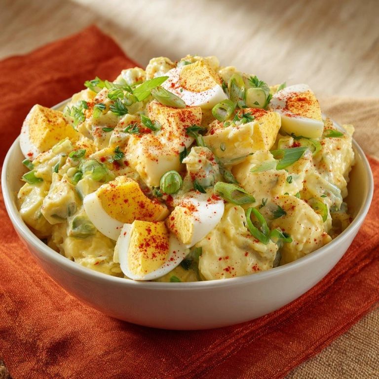 Perfekter Kartoffelsalat mit Ei, garniert mit Paprikapulver und Schnittlauch, in einer weißen Schüssel serviert.