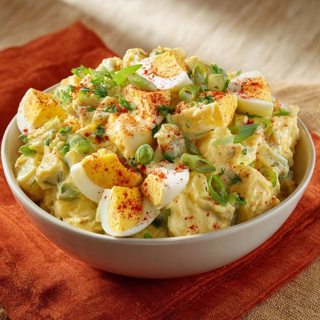 Perfekter Kartoffelsalat mit Ei, garniert mit Paprikapulver und Schnittlauch, in einer weißen Schüssel serviert.