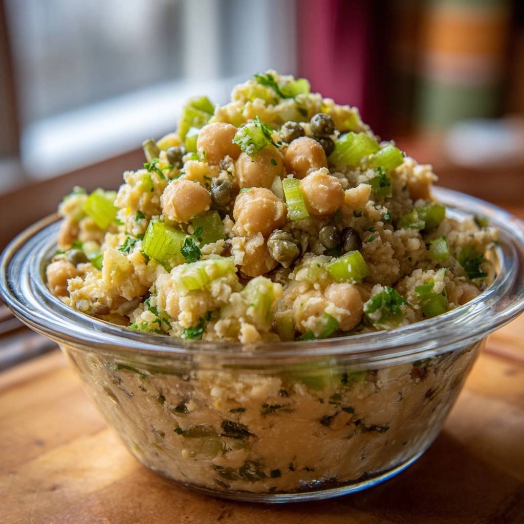 Knackiger Kichererbsen-Couscous-Salat mit Sellerie und Kapern in einer Glasschüssel, Nahaufnahme der Textur und Zutaten.