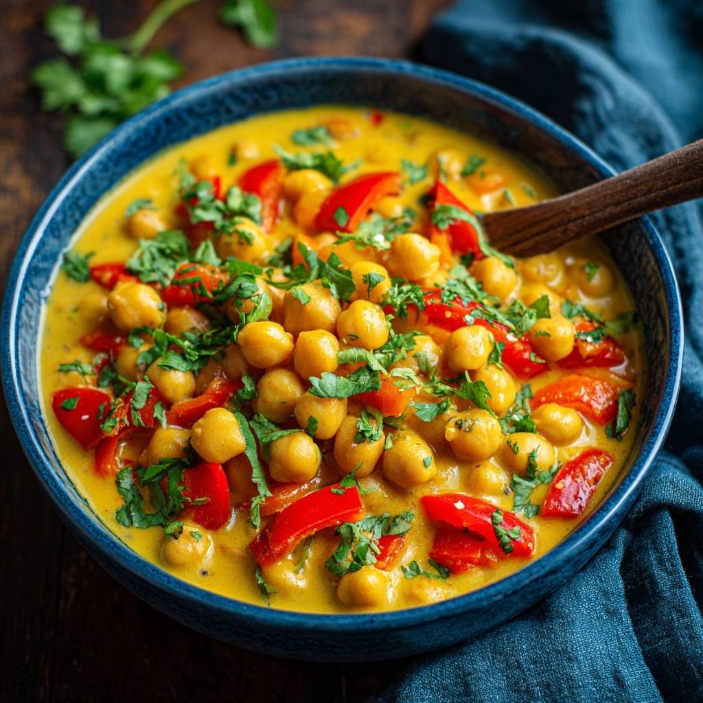 Kichererbsen Curry Mit Paprika Nahaufnahme 1 Cremiges Kichererbsen-Curry mit Paprika, nah aufgenommen mit einem Holzlöffel und frischer Petersilie garniert.