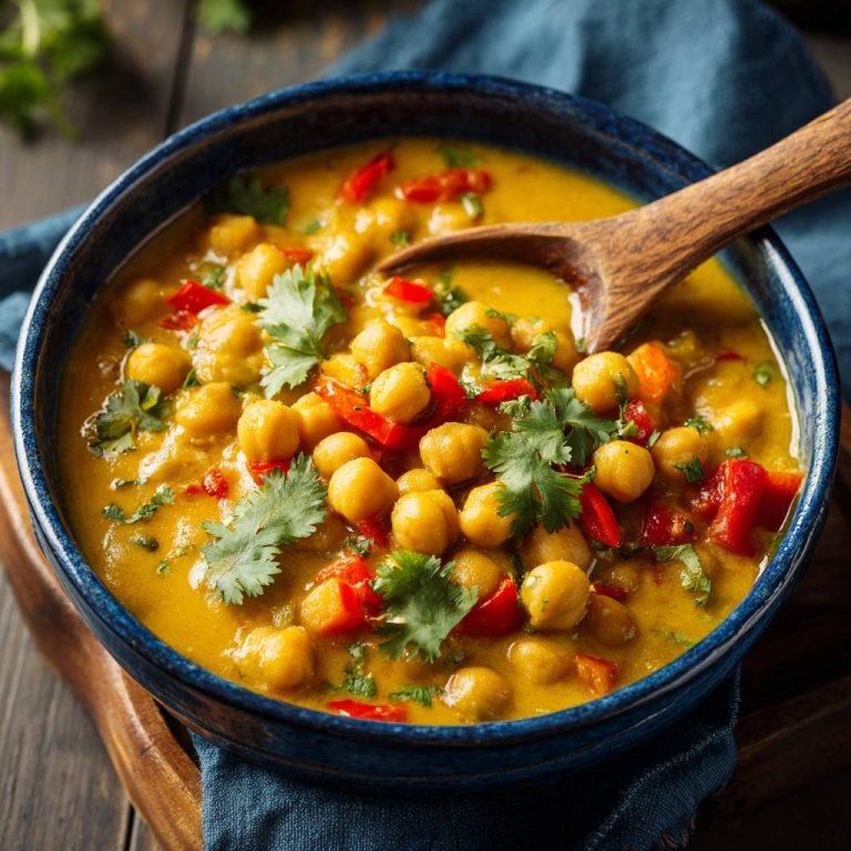 Cremiges Kichererbsen-Curry mit Paprika, serviert in einer blauen Schüssel mit einem hölzernen Löffel und garniert mit Koriander.