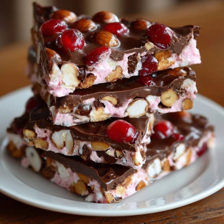 Kirsch-Schoko-Mandel-Marshmallow-Riegel als Stapel nah aufgenommen, die Schichten und Zutaten sind deutlich sichtbar.