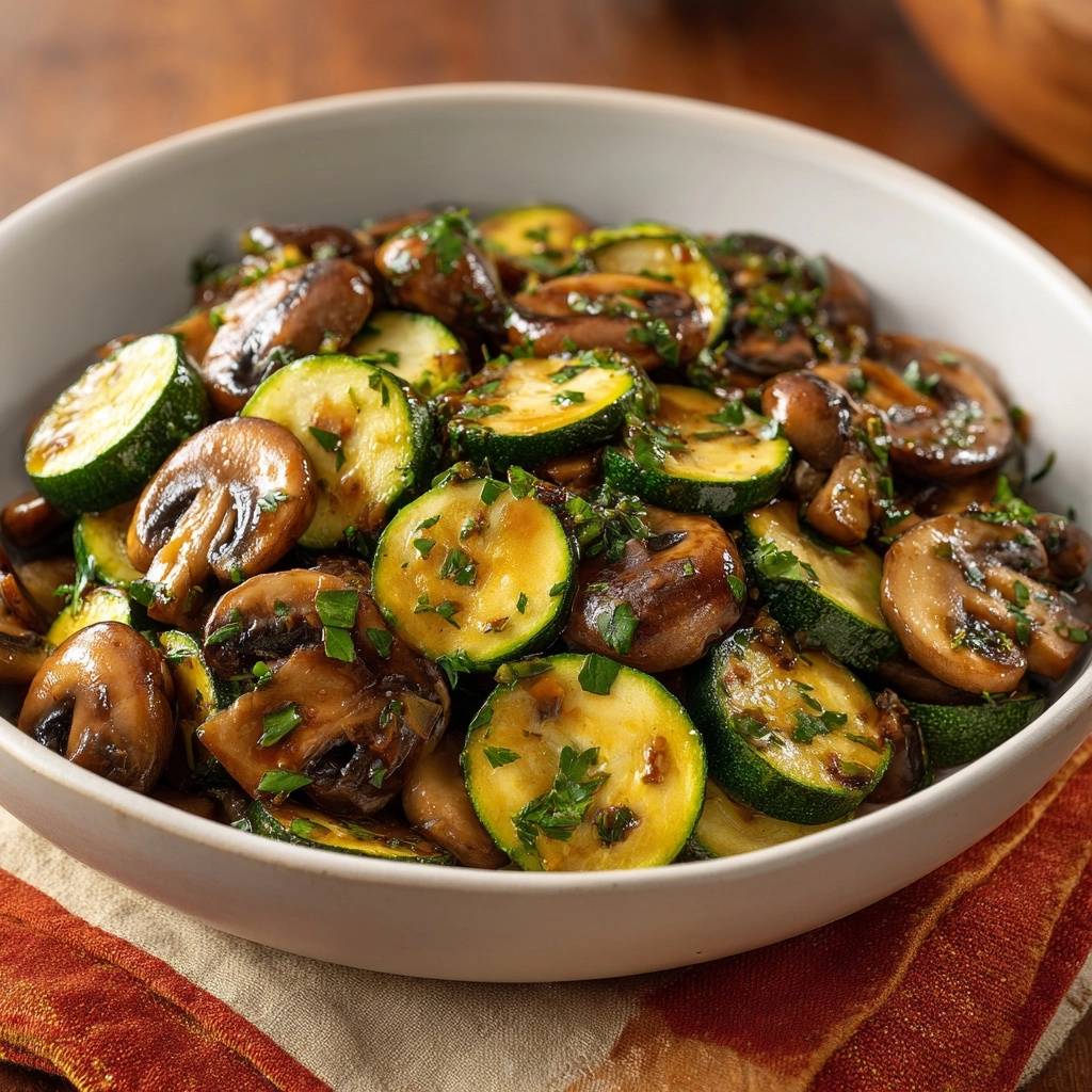 Knackige Zucchini-Champignon-Pfanne als Nahaufnahme, garniert mit frischer Petersilie und glasierten Gemüsestücken.
