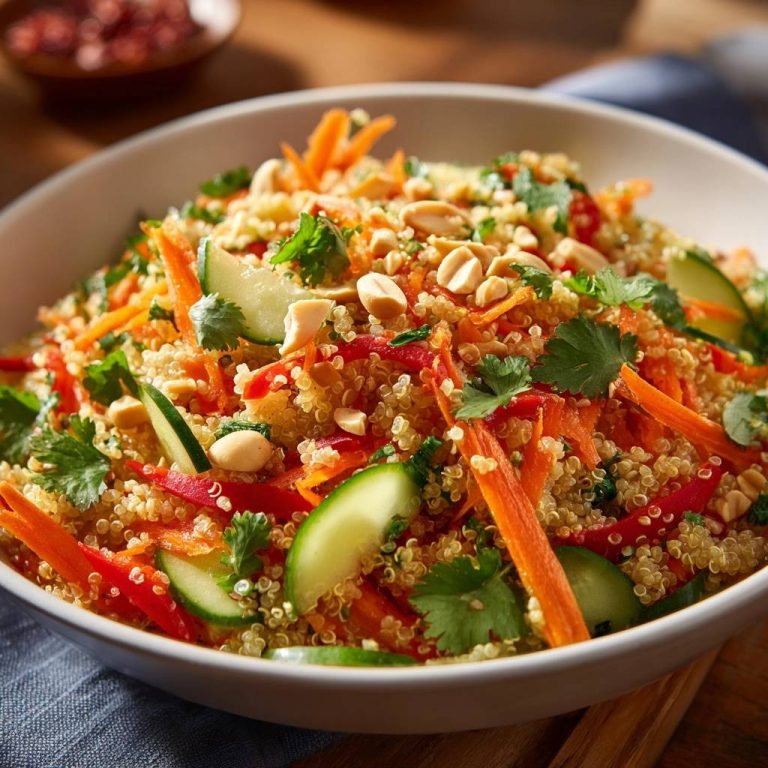 Knackiger asiatischer Quinoa-Salat mit gerösteten Erdnüssen, Karottenstreifen und frischem Koriander als Garnitur.