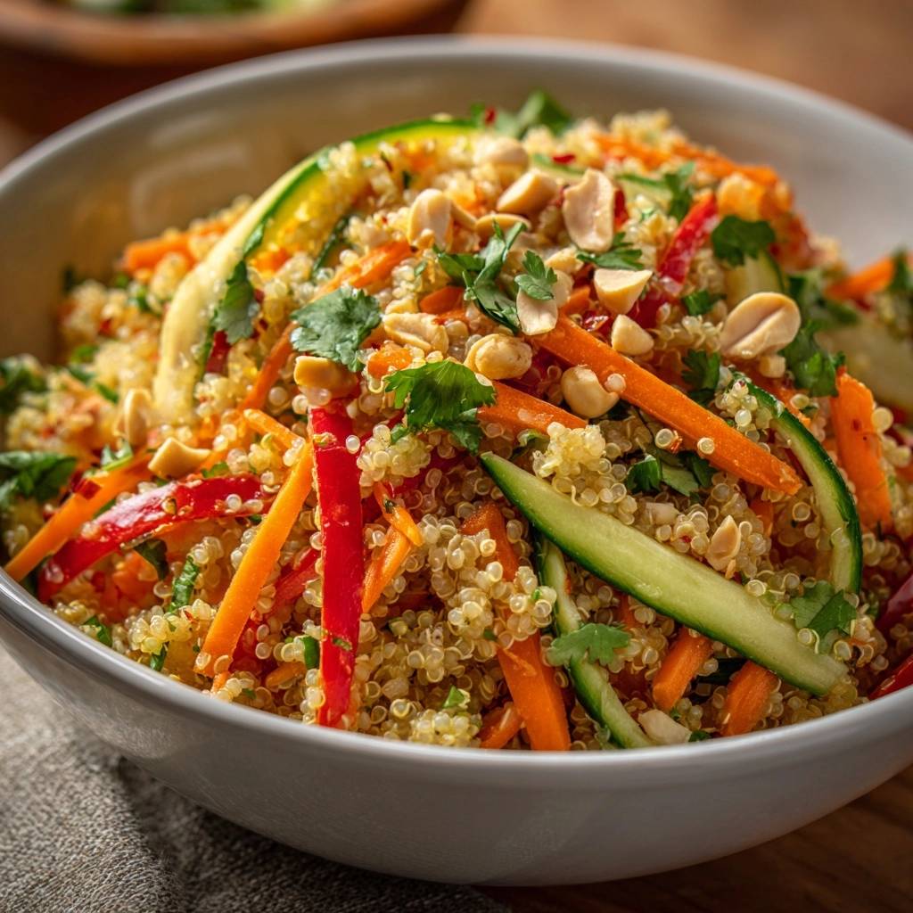 Knackiger asiatischer Quinoa-Salat mit knackigem Gemüse und Erdnüssen garniert im Detail.