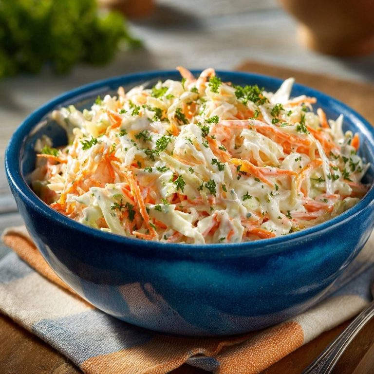 Knackiger Coleslaw in einer blauen Schüssel, garniert mit frischer Petersilie und cremiger Sauce.
