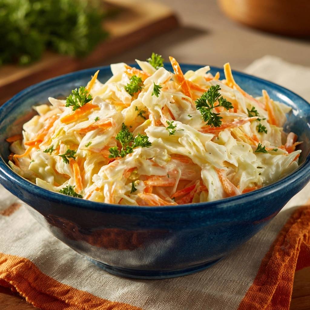 Knackiger Coleslaw Nahaufnahme In Blauer Schuessel 1 Knackiger Coleslaw nah aufgenommen in einer blauen Schüssel, garniert mit frischer Petersilie und Karottenstreifen.