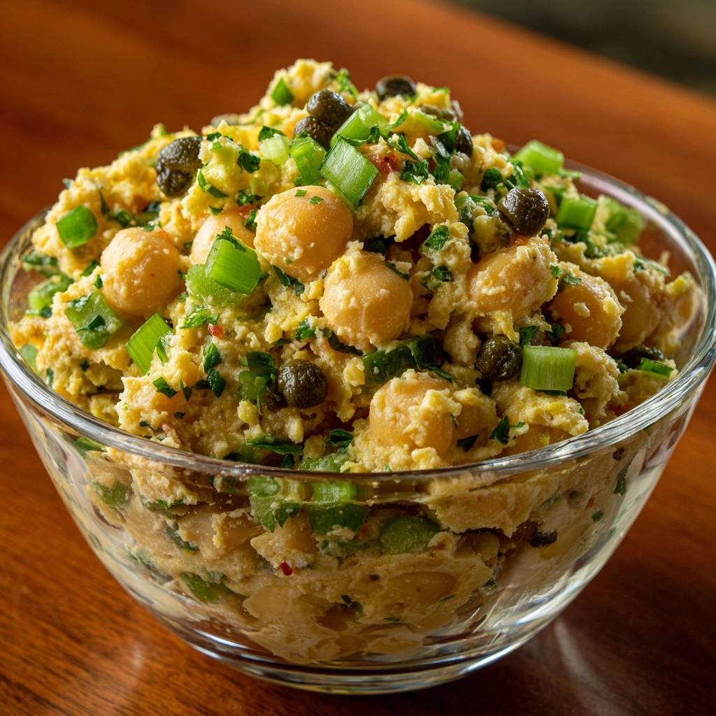 Knackiger Kichererbsen Couscous Salat Nahaufnahme Schuessel 1 Knackiger Kichererbsen-Couscous-Salat mit Sellerie und Kapern, serviert in einer Glasschüssel mit Nahaufnahme auf einem Holztisch.