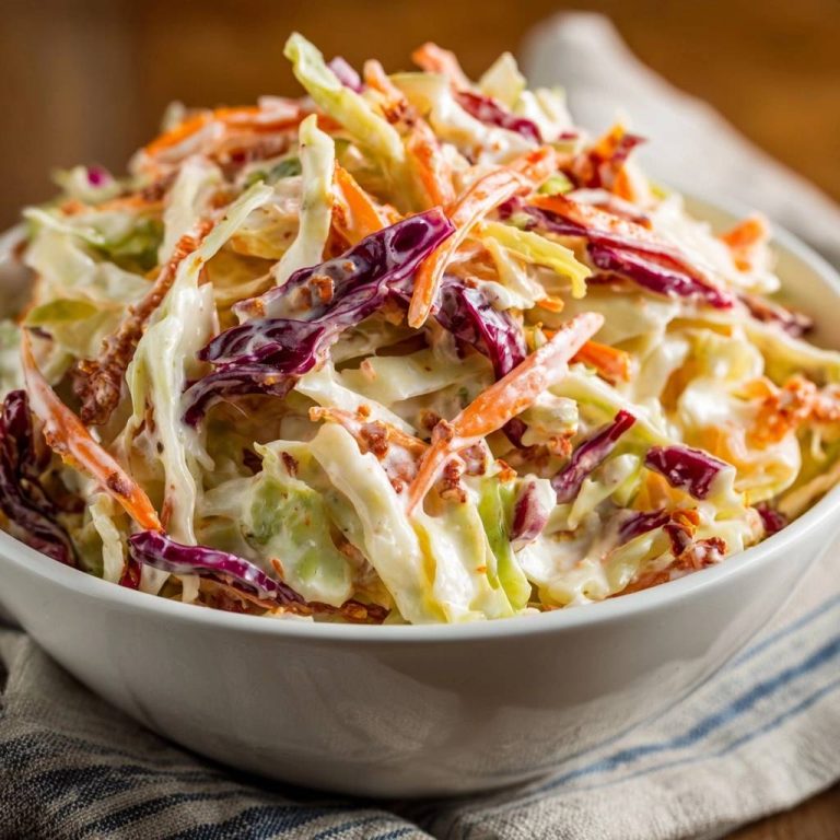 Knackiger Krautsalat in einer weißen Schüssel mit einer Nahaufnahme der cremigen Soße und bunten Kohlstreifen.