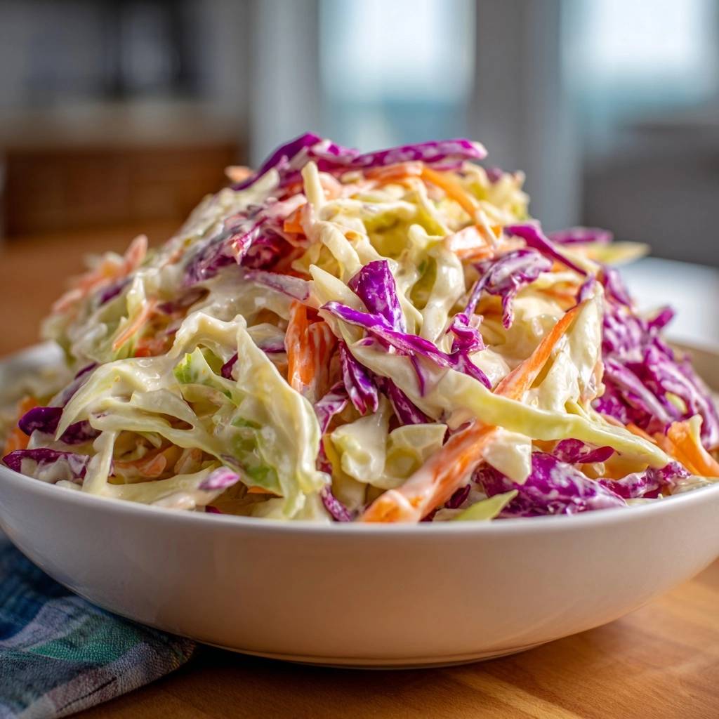 Knackiger Krautsalat Voll In Schuessel 1 Knackiger Krautsalat in einer weißen Schüssel, mit roten und grünen Kohlstreifen und Karotten, bedeckt mit cremiger Soße.