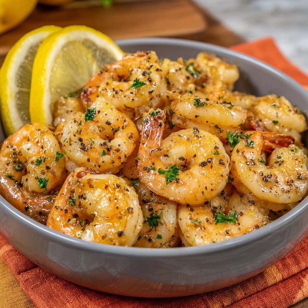 Knoblauch-Zitronen-Garnelen mit Petersilie und Zitrone als Garnitur, detaillierte Nahaufnahme der servierten Garnelen.
