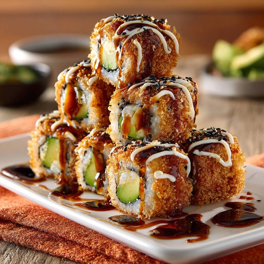 Knusprige Avocado-Sushi-Rolls, kunstvoll gestapelt und mit einer süßen Sauce und Sesamkörnern garniert.