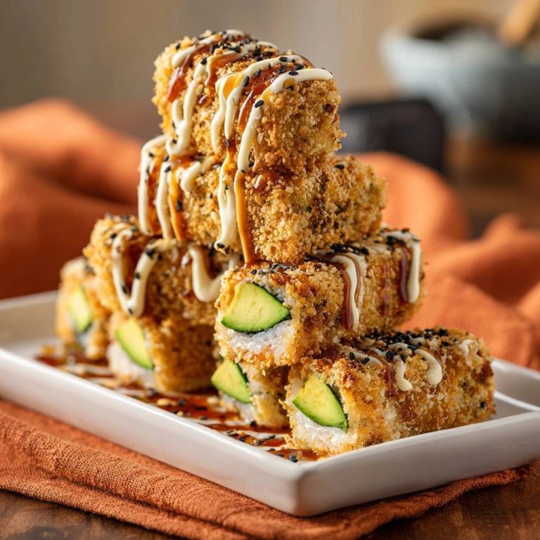 Knusprige Avocado-Sushi-Rolls gestapelt und mit Saucen garniert auf einem weißen Teller serviert.