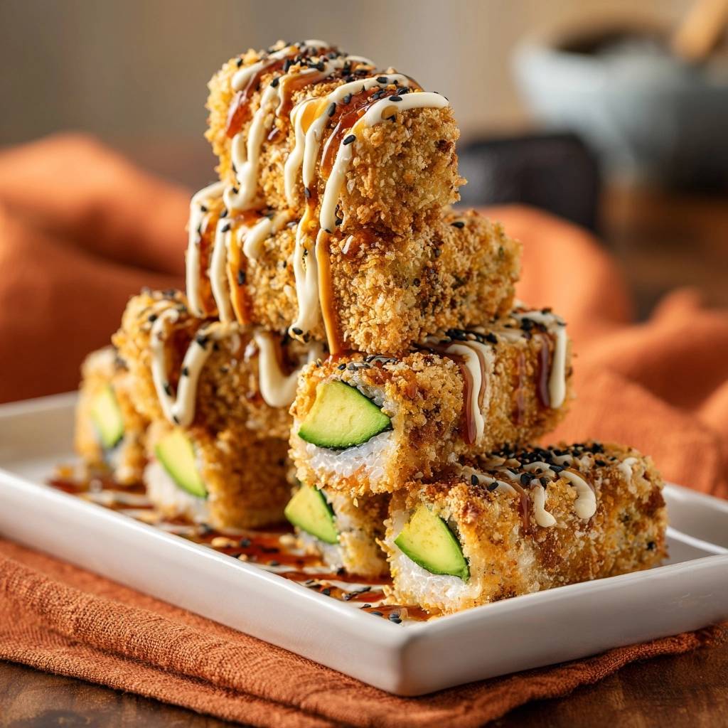 Knusprige Avocado-Sushi-Rolls gestapelt und mit Saucen garniert auf einem weißen Teller serviert.