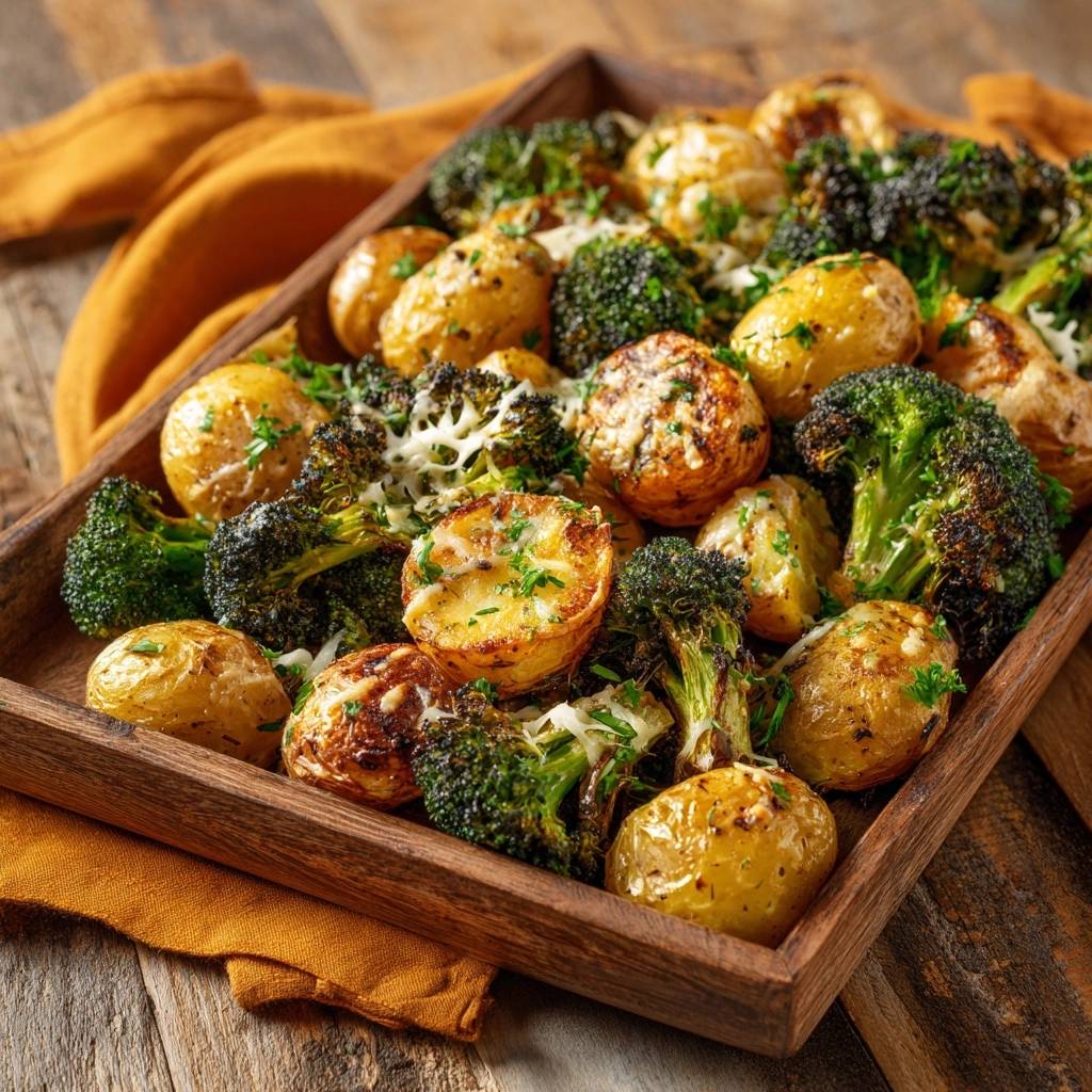Knusprige Babykartoffeln Mit Brokkoli Und Kaese Nahaufnahme 1 Knusprige Babykartoffeln mit Brokkoli und Käse, eine Nahaufnahme der gerösteten Gemüsemischung in einer rustikalen Holzschale.