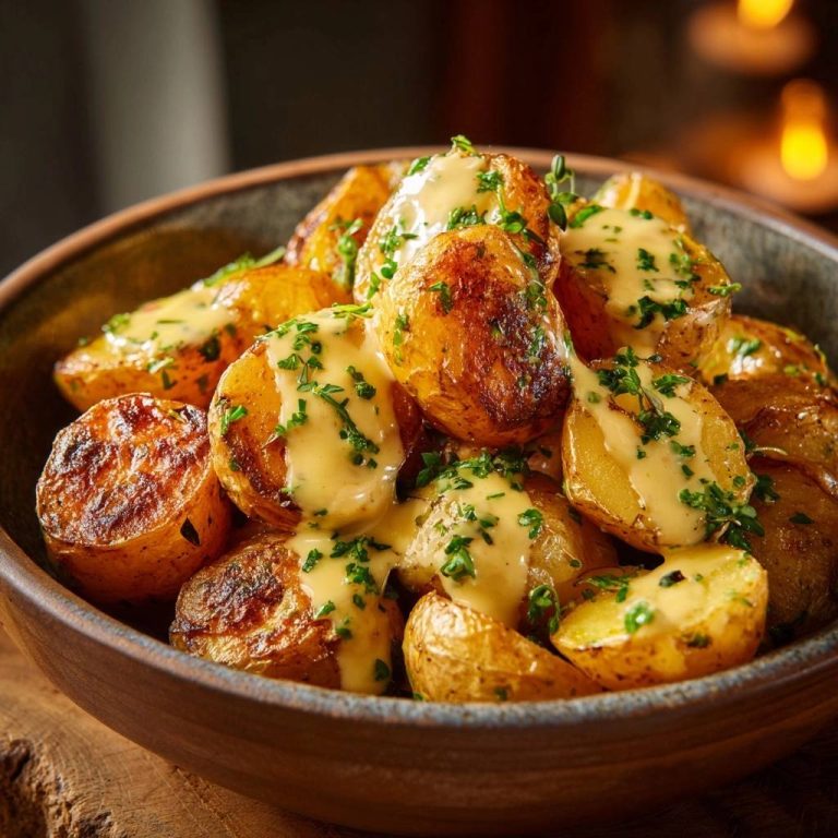 Knusprige Babykartoffeln mit Kräuter-Creme, nahaufnahme der garnierten Kartoffeln mit cremiger Sauce und frischen Kräutern.