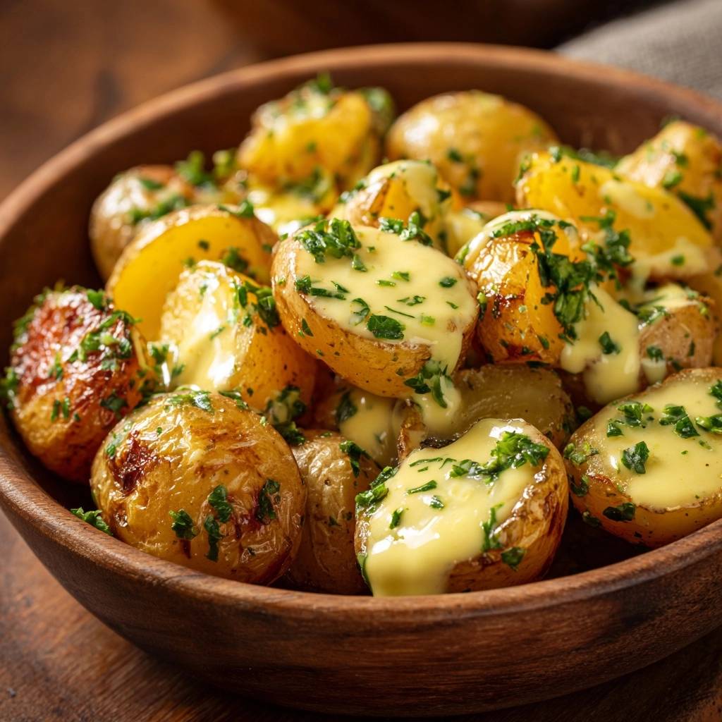 Knusprige Babykartoffeln mit Kräuter-Creme, detailreich garniert mit frischen Kräutern und cremiger Sauce.
