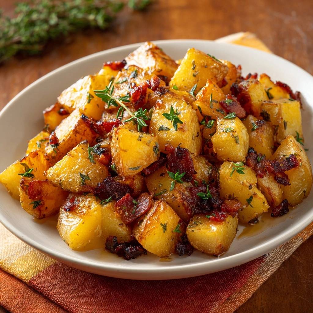 Knusprige Bratkartoffeln Mit Bacon Nahaufnahme 1 Knusprige Bratkartoffeln mit Bacon und Thymian als Nahaufnahme auf einem Teller mit frischen Kräutern garniert.