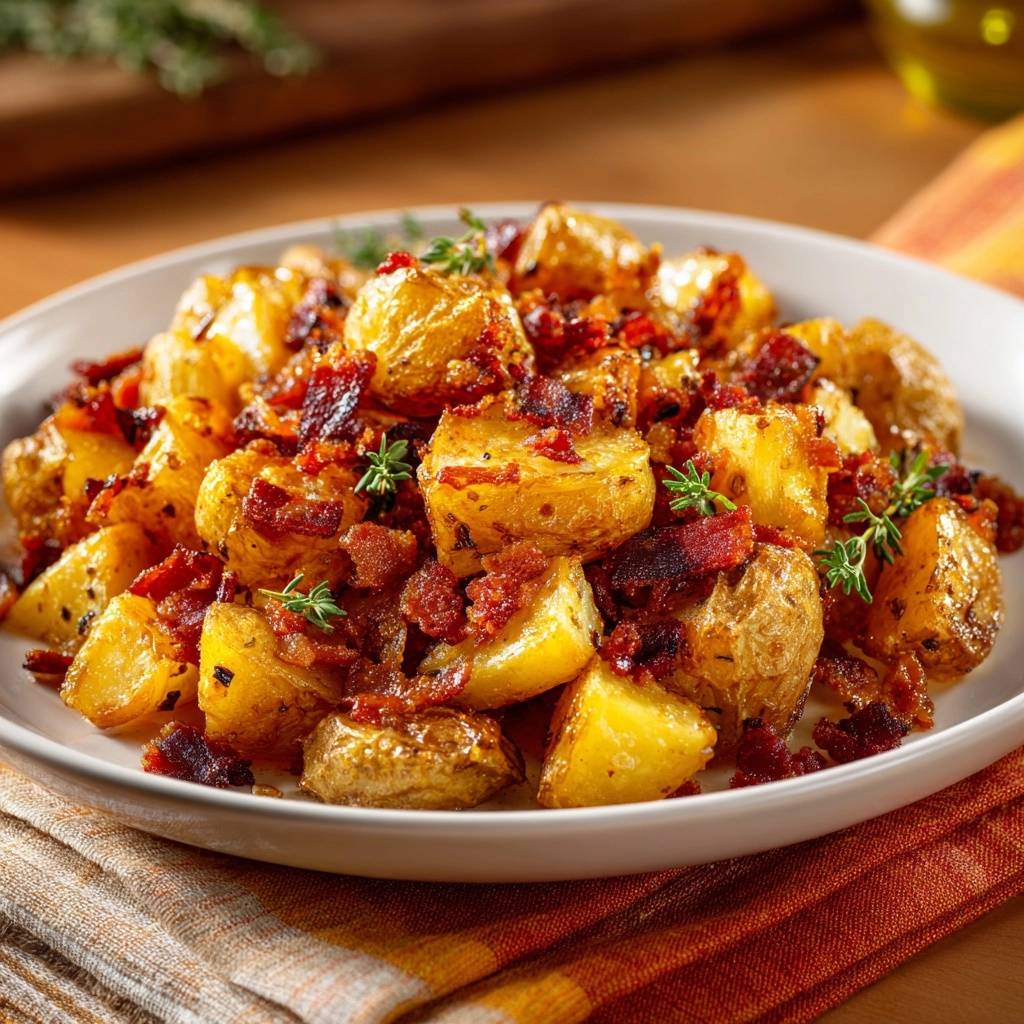 Knusprige Bratkartoffeln Mit Speck Garniert 1 Knusprige Bratkartoffeln mit Speck und Thymian, serviert auf einem weißen Teller und mit frischen Kräutern garniert.