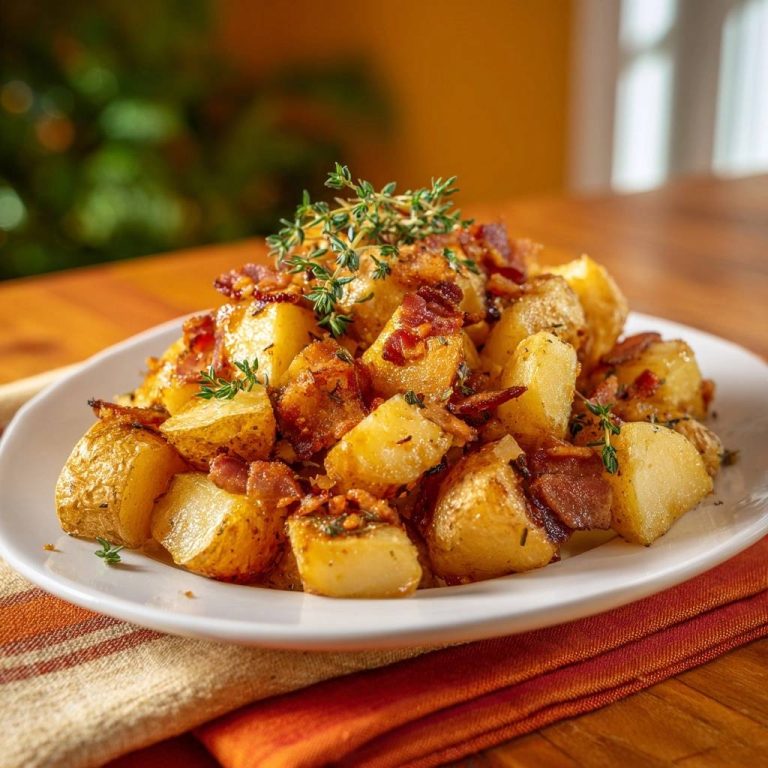 Knusprige Bratkartoffeln mit Speck und Thymian, garniert mit frischen Kräutern auf einem weißen Teller.