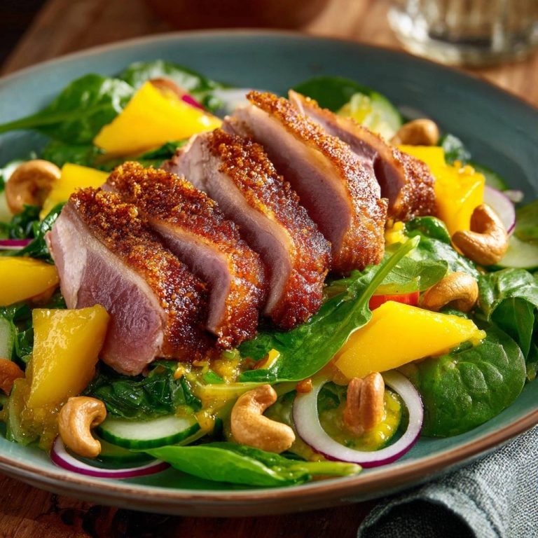 Knusprige Entenbrust auf Mangosalat, angeschnitten mit saftigem Inneren und knuspriger Haut, serviert auf einem Teller mit Spinat und Cashewkernen.