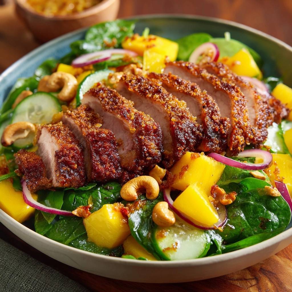 Knusprige Entenbrust Mangosalat Detail Ansicht 1 Knusprige Entenbrust auf Mangosalat, Nahaufnahme der angeschnittenen Scheiben mit frischen Zutaten.