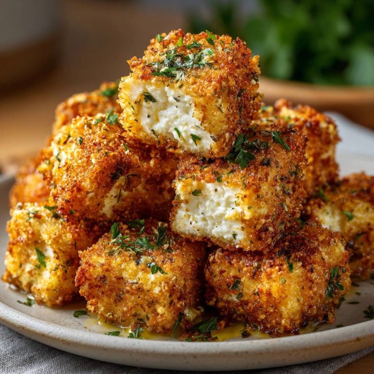Knusprige Feta-Würfel, angeschnitten, zeigen das weiche Innere und die goldbraune Panade.