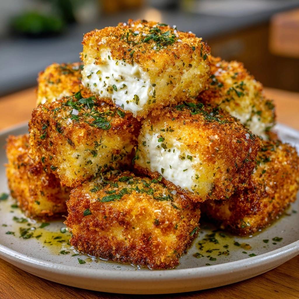 Knusprige Feta Wuerfel Innenansicht 1 Knusprige Feta-Würfel mit einer cremigen Käsefüllung im Querschnitt, garniert mit Kräutern.
