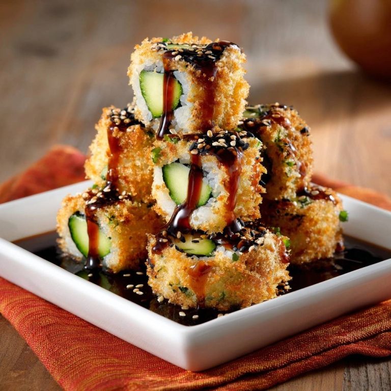 Knusprige Gurken-Sushi-Rollen mit einer dunklen Glasur und Sesam, gestapelt auf einem weißen Teller.