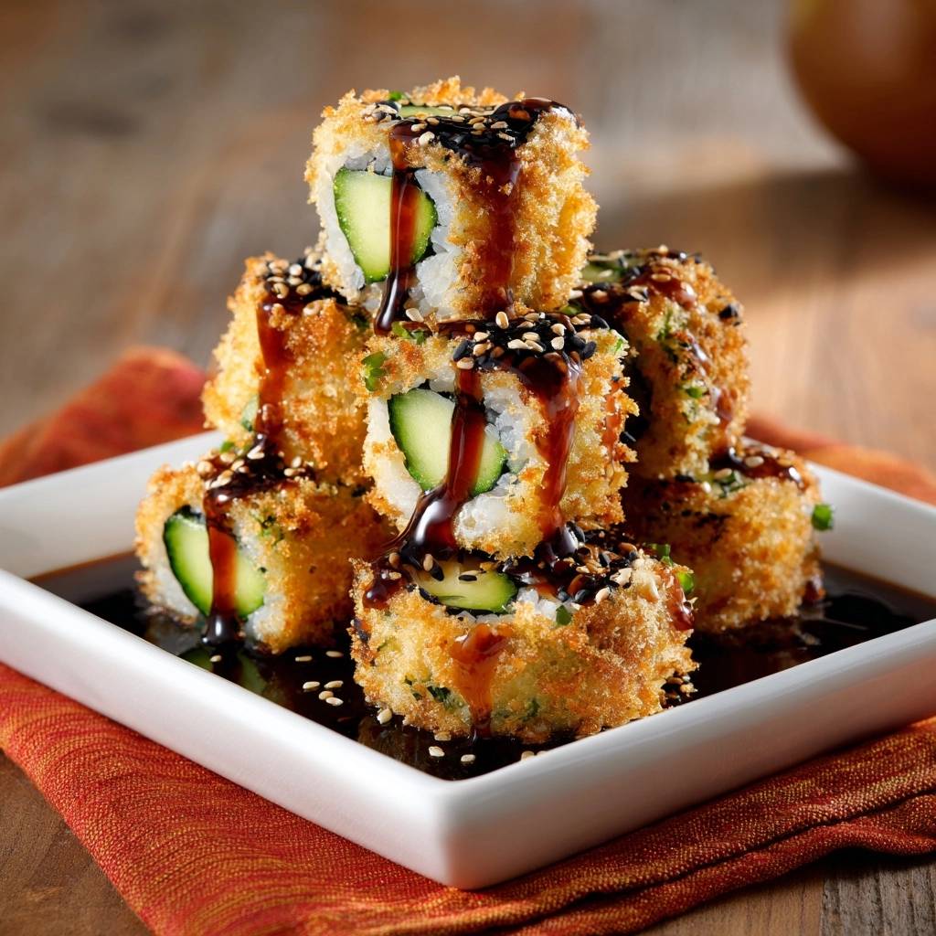 Knusprige Gurken-Sushi-Rollen mit einer dunklen Glasur und Sesam, gestapelt auf einem weißen Teller.