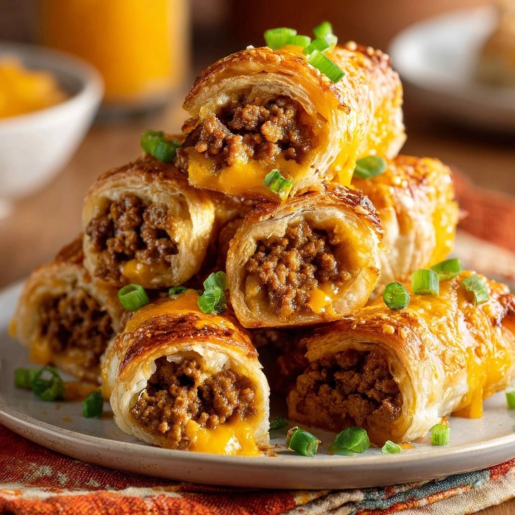 Knusprige Hack-Käse-Rollen im Anschnitt, die geschmolzenes Käseinnere und Hackfleischfüllung zeigen.