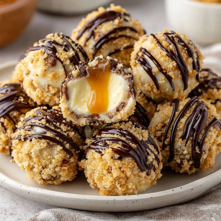 Knusprige Karamell-Mozzarella-Bällchen angeschnitten, die die cremige Füllung und flüssige Karamellsoße zeigen.