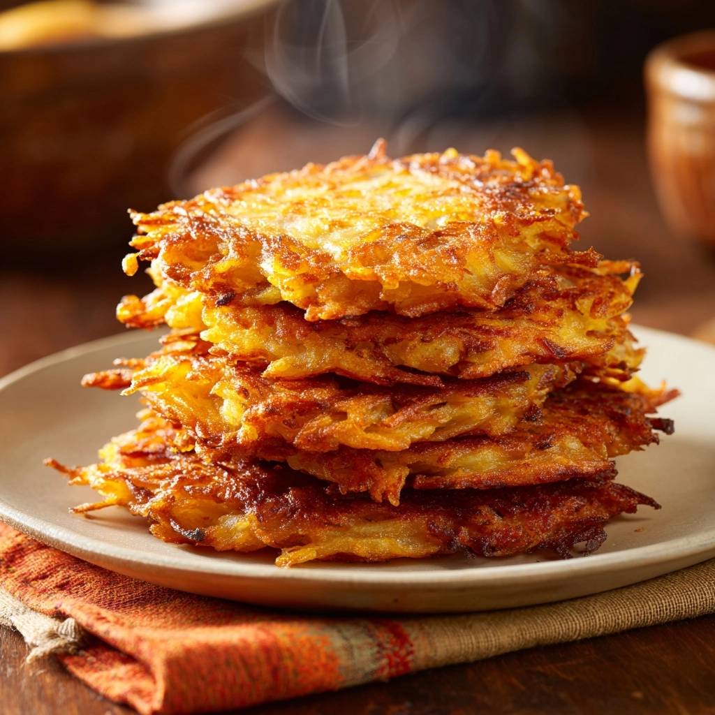 Knusprige Kartoffelpuffer als Stapel, von denen leichter Dampf aufsteigt und die Textur zeigt.
