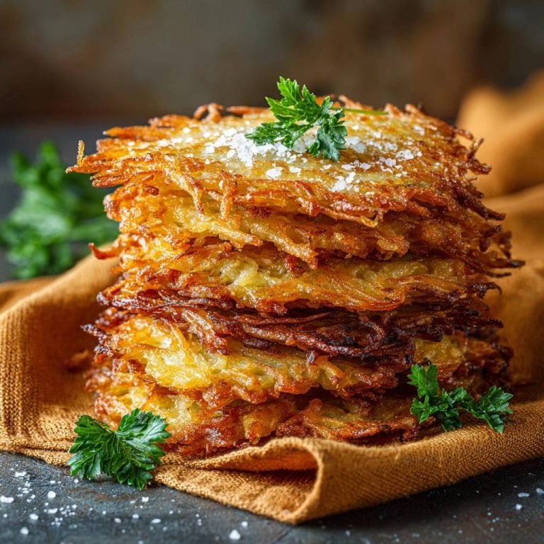 Knusprige Reibekuchen als Turm auf einem braunen Tuch mit Petersilie und Salz garniert, Nahaufnahme.