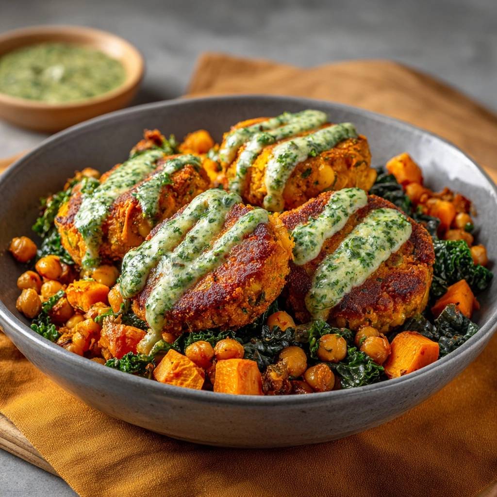 Knusprige Süßkartoffel-Kichererbsen-Bowl mit Kräutersauce, detailreiche Ansicht der gebackenen Patties mit frischer Kräutersauce beträufelt.
