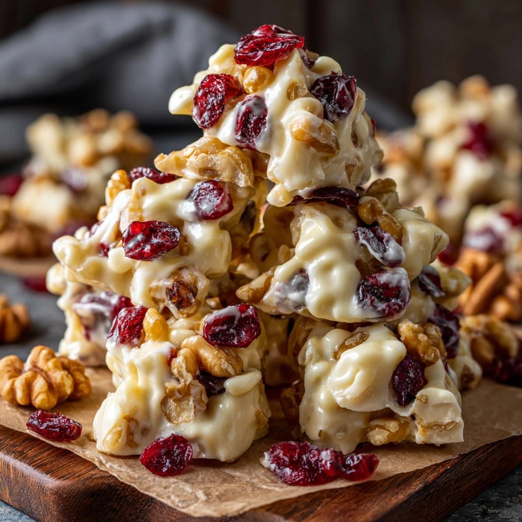 Knusprige Walnuss-Cranberry-Weißschokoladen-Cluster als Nahaufnahme auf einem Holzbrett, die Textur und Zutaten sind gut sichtbar.