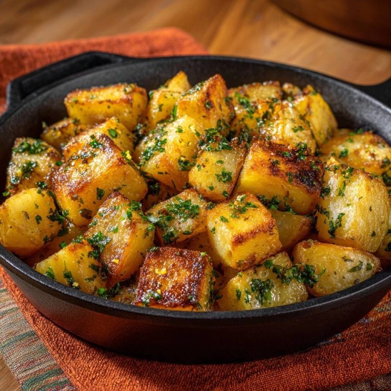 Knusprige Zitronen-Bratkartoffeln, detailnah mit frischer Petersilie und Zitronenschale garniert in einer gusseisernen Pfanne.