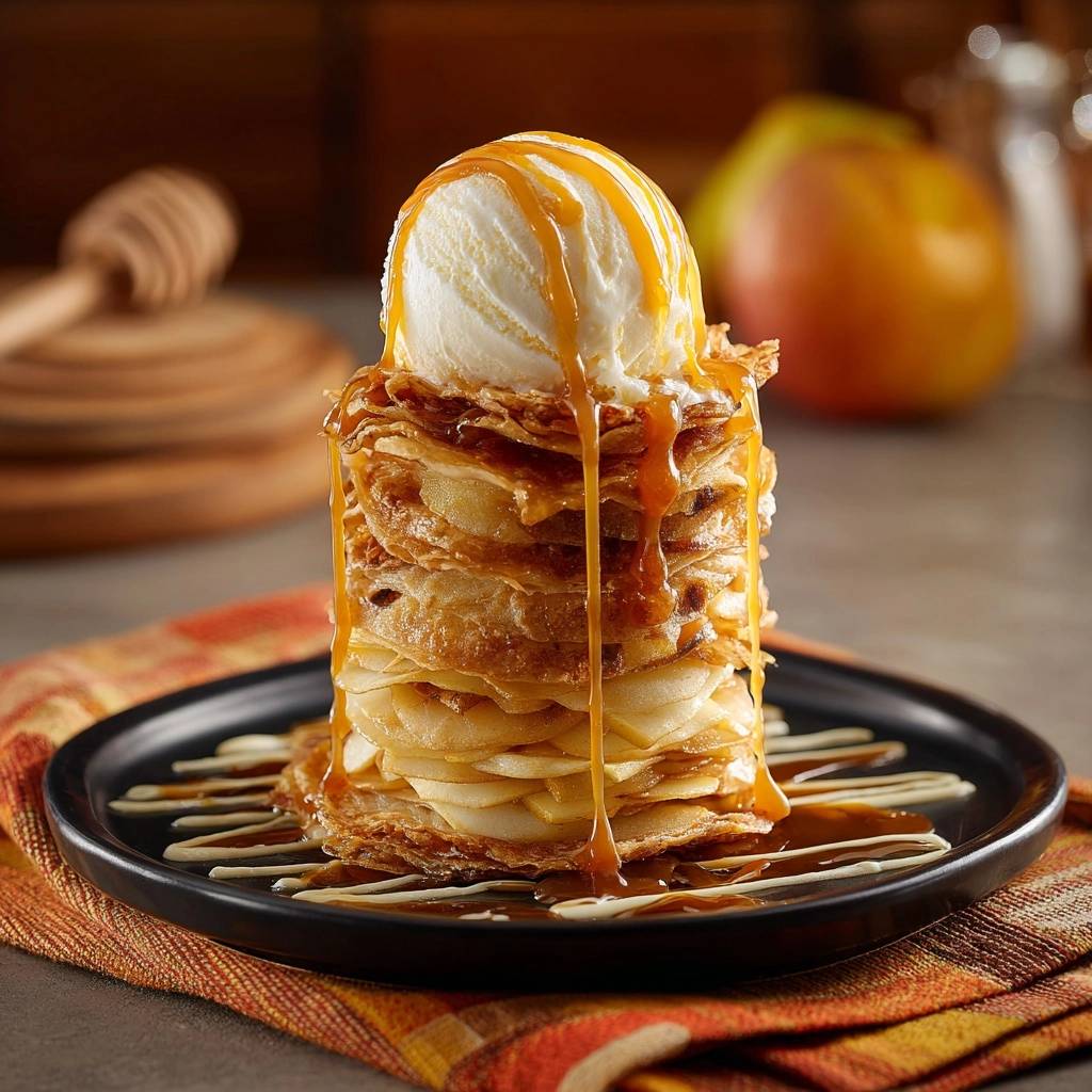 Knuspriger Apfel-Crêpes-Turm mit Vanilleeis, nahaufnahme der tropfenden Karamellglasur